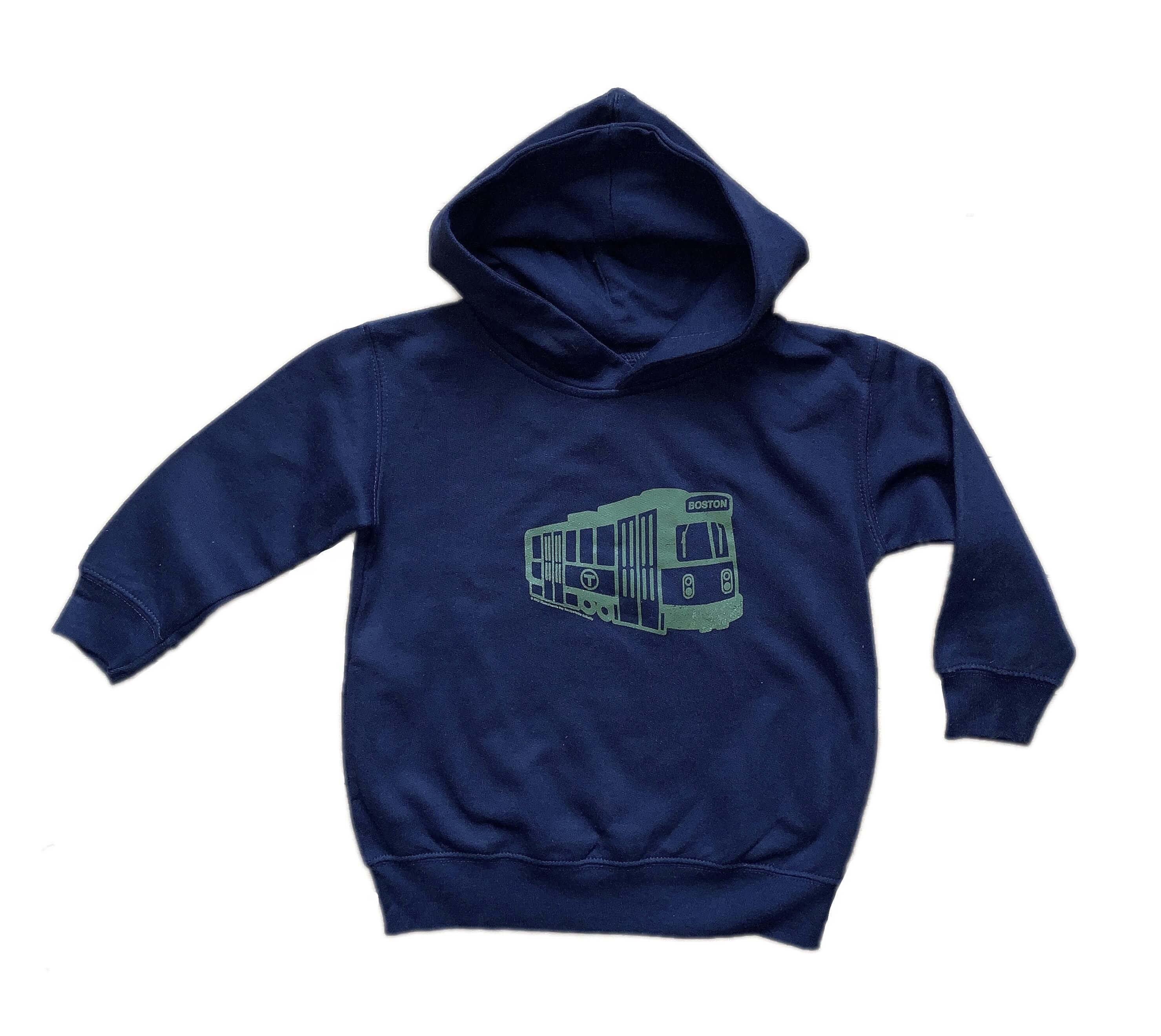 Navy blue Toddler-sized hoodie with olive green Boston Green Line Trolley graphic